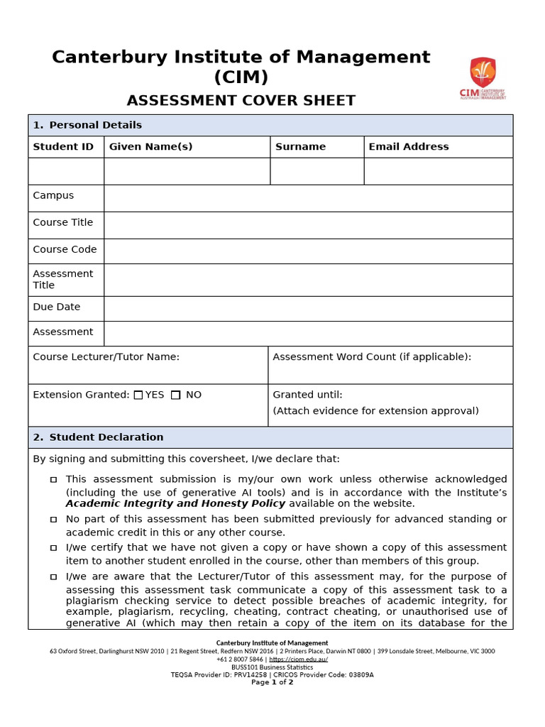 CIM Assessment Cover Sheet Template | PDF | Academic Integrity | Plagiarism