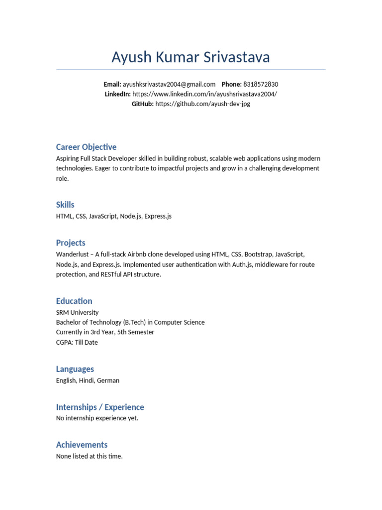 Aspiring Full Stack Developer Resume | PDF