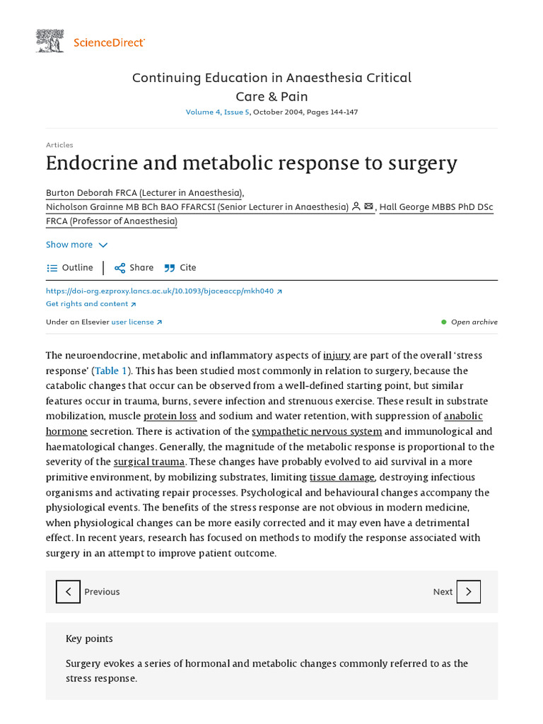 Endocrine Response to Surgical Stress | PDF | Cortisol | Insulin