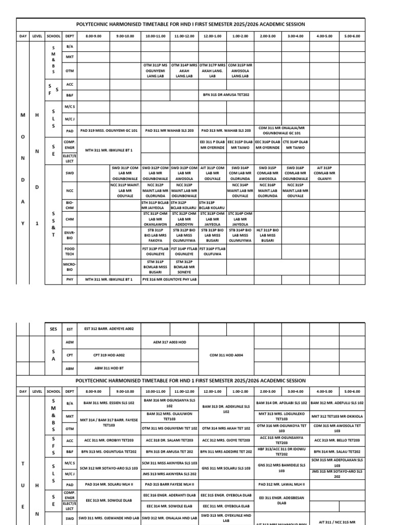 HND 1 First Semester Timetable 2025/2026 | PDF