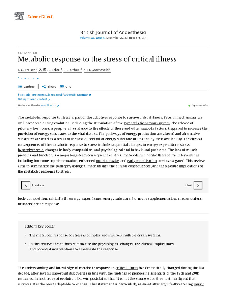 Metabolic Response To The Stress of Critical Illness - ScienceDirect ...