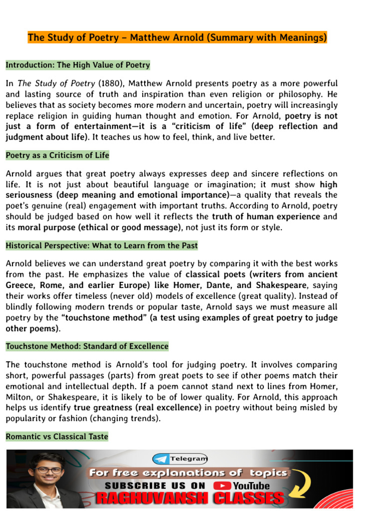 Arnold's Insights on Poetry's Value | PDF | Romanticism | Poetry