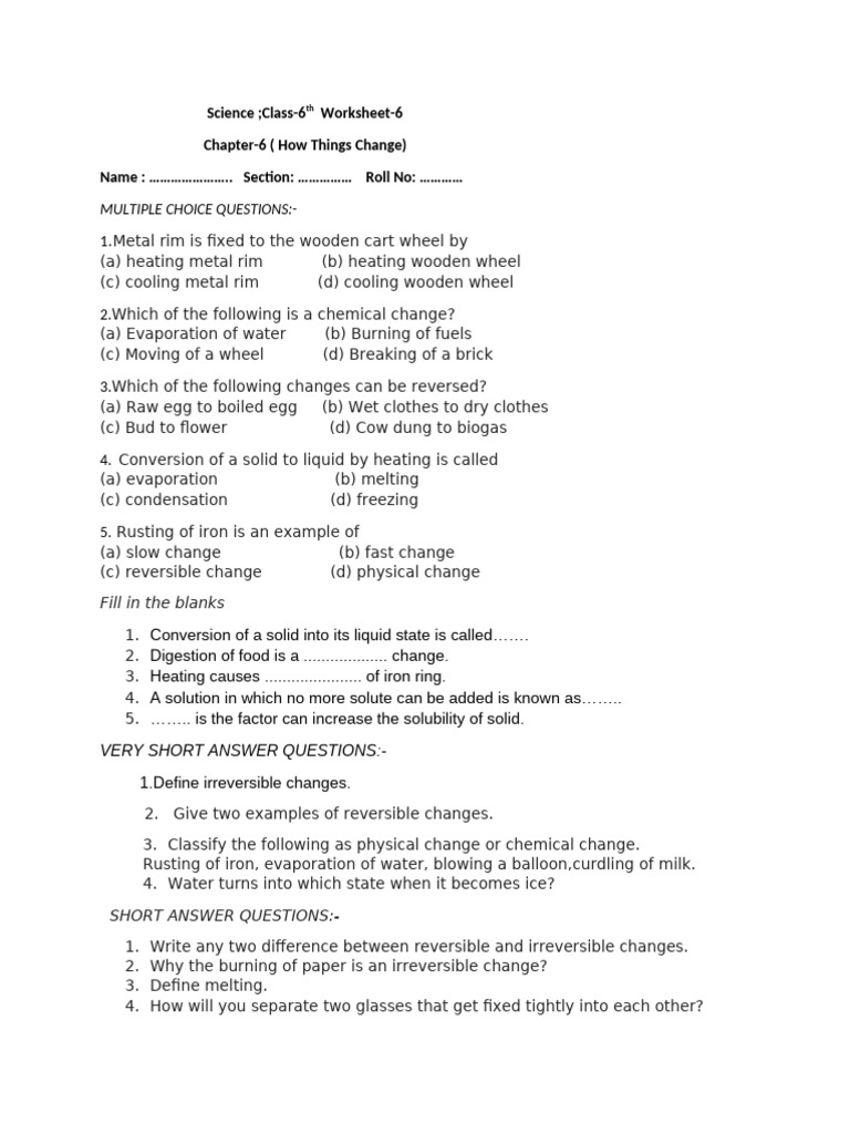 Class 6 Science Worksheet on Changes | PDF