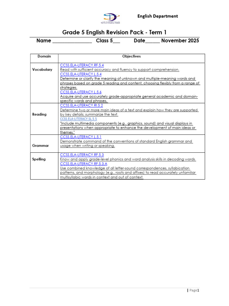 Grade 5 English Revision Pack Term 1 | PDF | Phonics | Linguistics