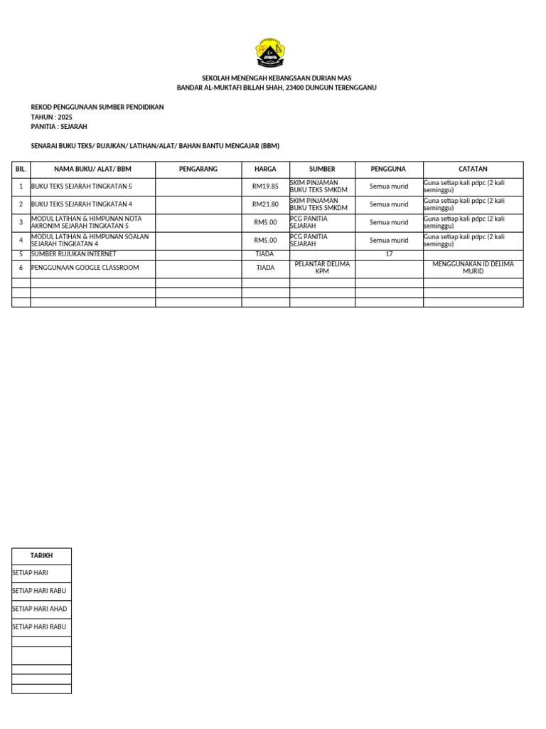 Contoh Rekod Penggunaan Sumber Pendidikan Panatia Sejarah | PDF