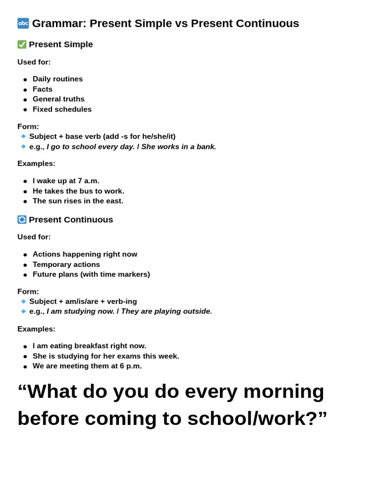 Present Simple vs Continuous Grammar Guide | PDF | Subject (Grammar ...