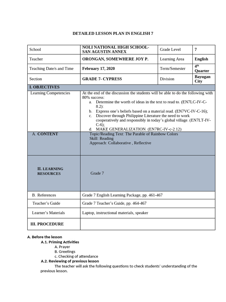 English 7 Lesson Plan: Rainbow Colors | PDF | Lesson Plan | Rainbow