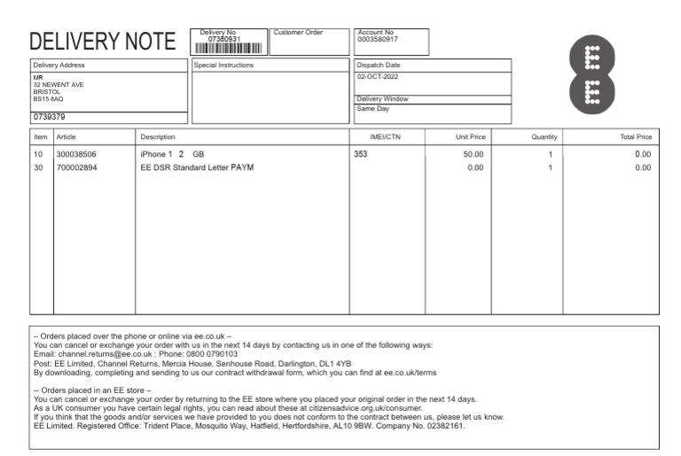 EE Delivery Note and Return Policy | PDF