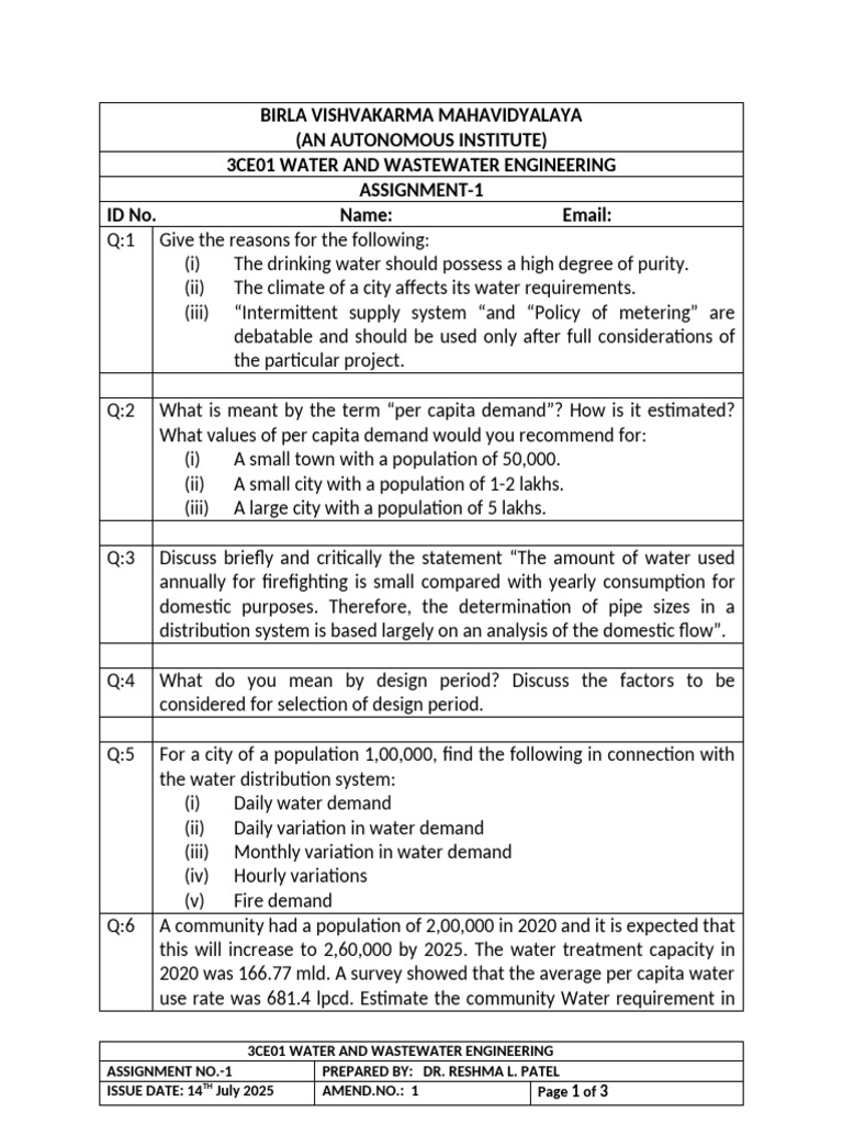 Water and Wastewater Engineering Assignment | PDF | Water | Average