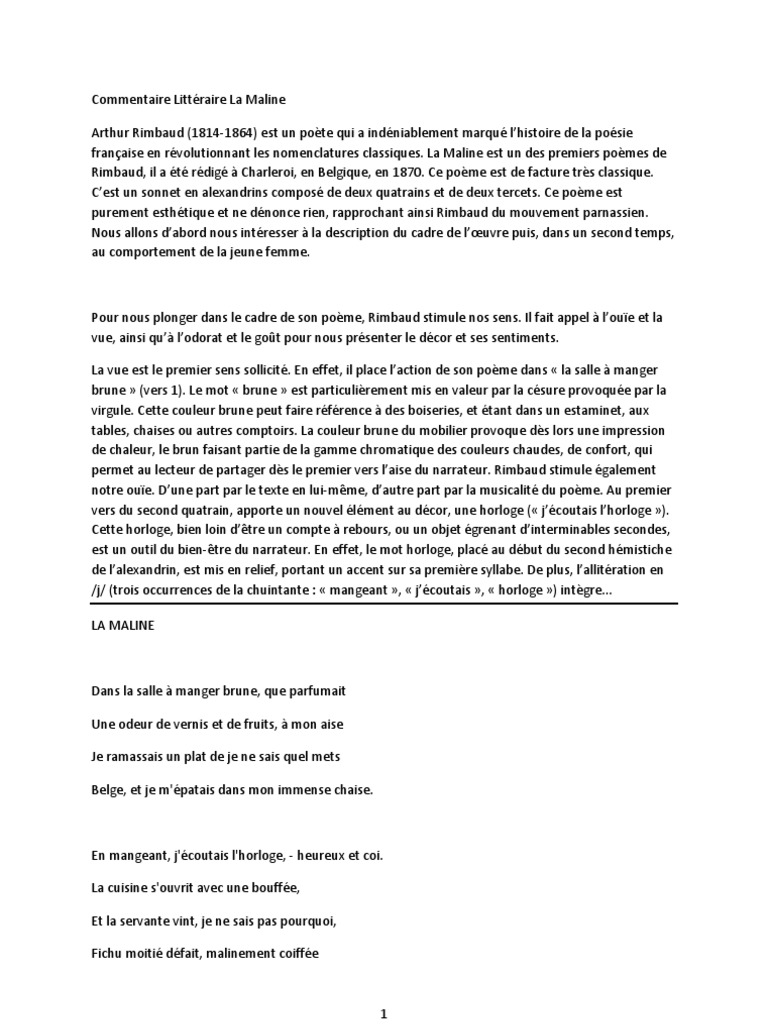 Commentaire Littéraire La Maline  Arthur Rimbaud  Poésie  Essai