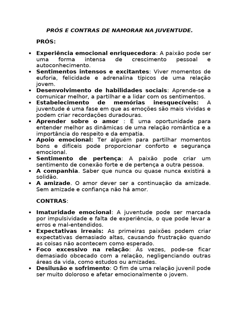 Prós e Contras de Namorar na Juventude | PDF