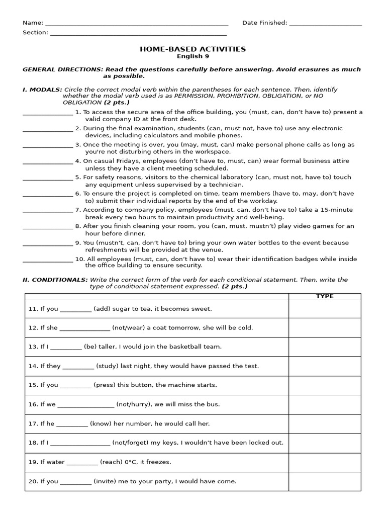 English 9 Modals and Conditionals Practice | PDF