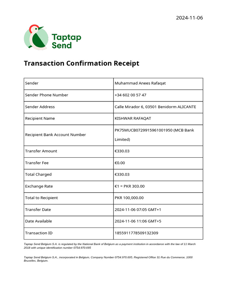 Transaction Confirmation: €330 Transfer | PDF