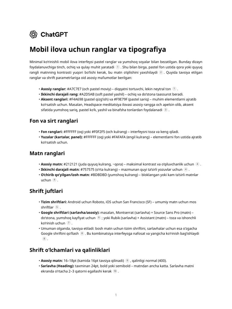 Mobil Ilova Uchun Ranglar Va Tipografiya | PDF