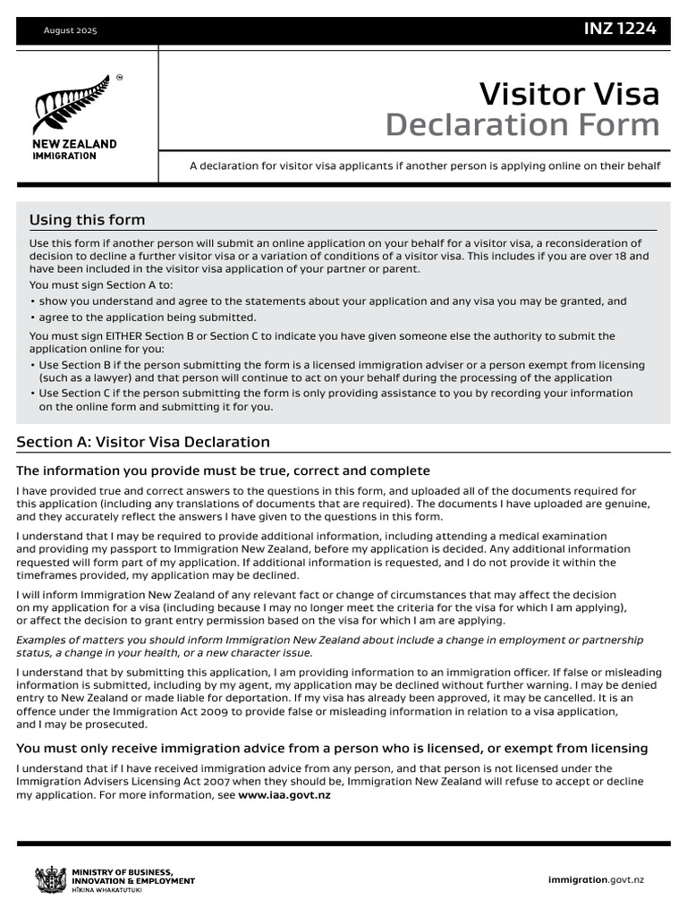 Visitor Visa Declaration Form INZ 1224 | PDF | Travel Visa | Immigration
