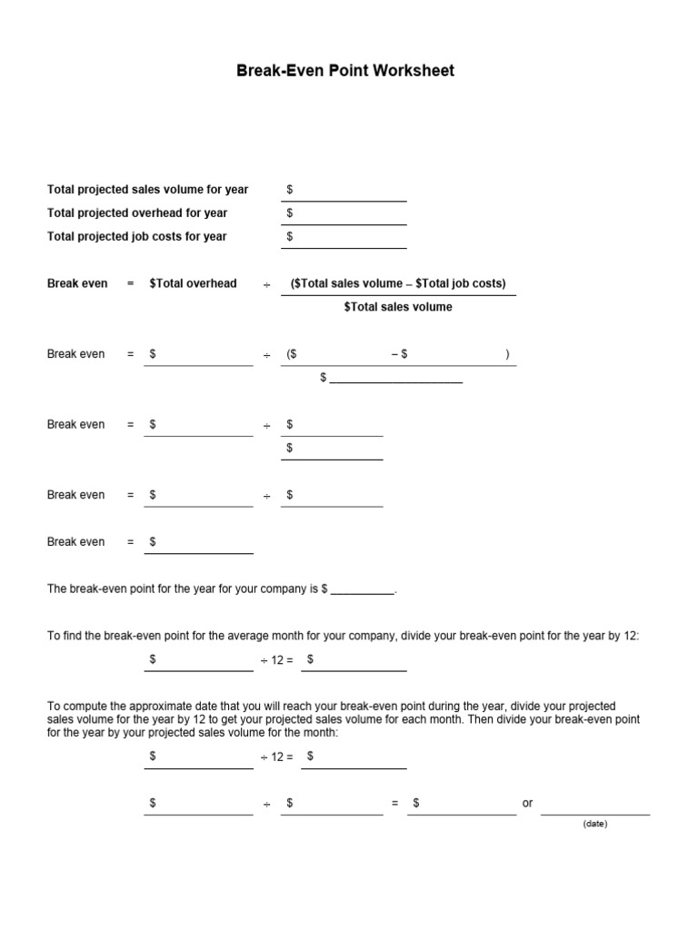 Break-Even Point Calculation Worksheet | PDF