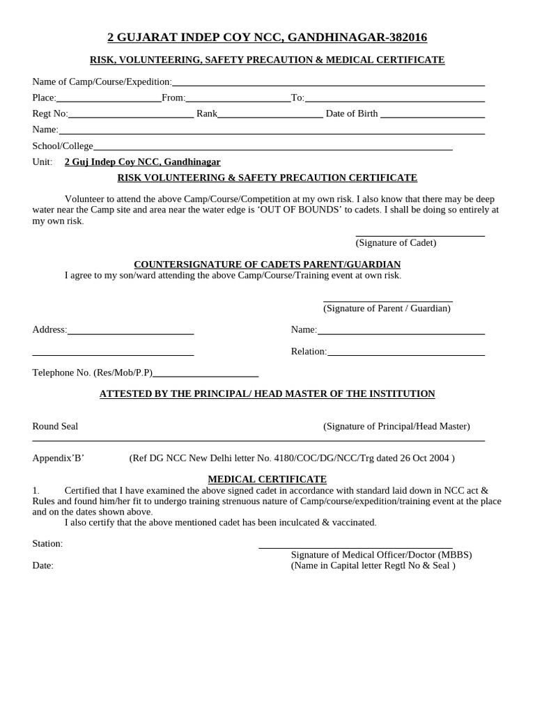 NCC Camp Risk and Safety Certificate | PDF