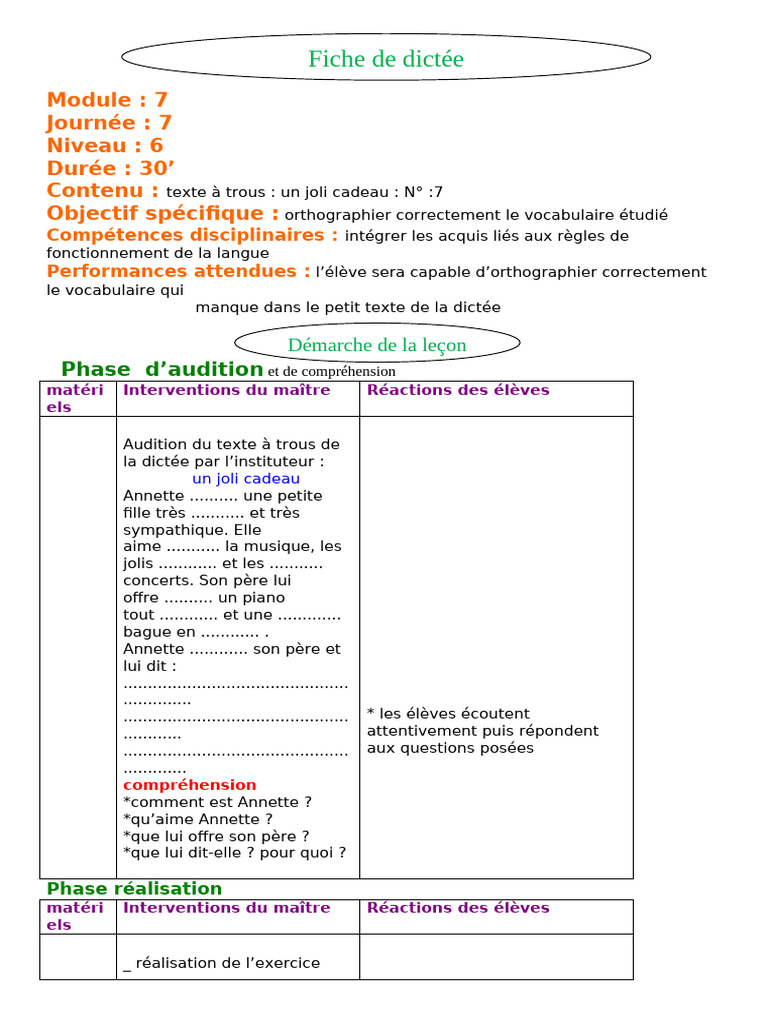 Dictée : Orthographe et Vocabulaire | PDF