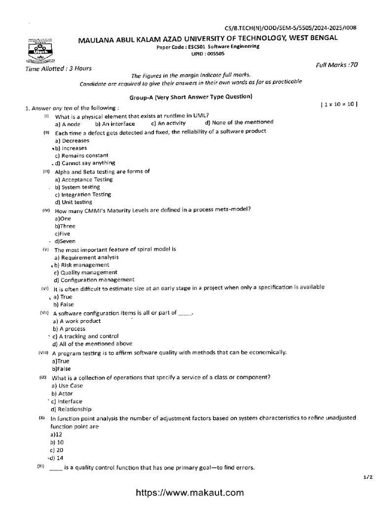 Btech Cse 5 Sem Software Engineering Esc501 2025 | PDF