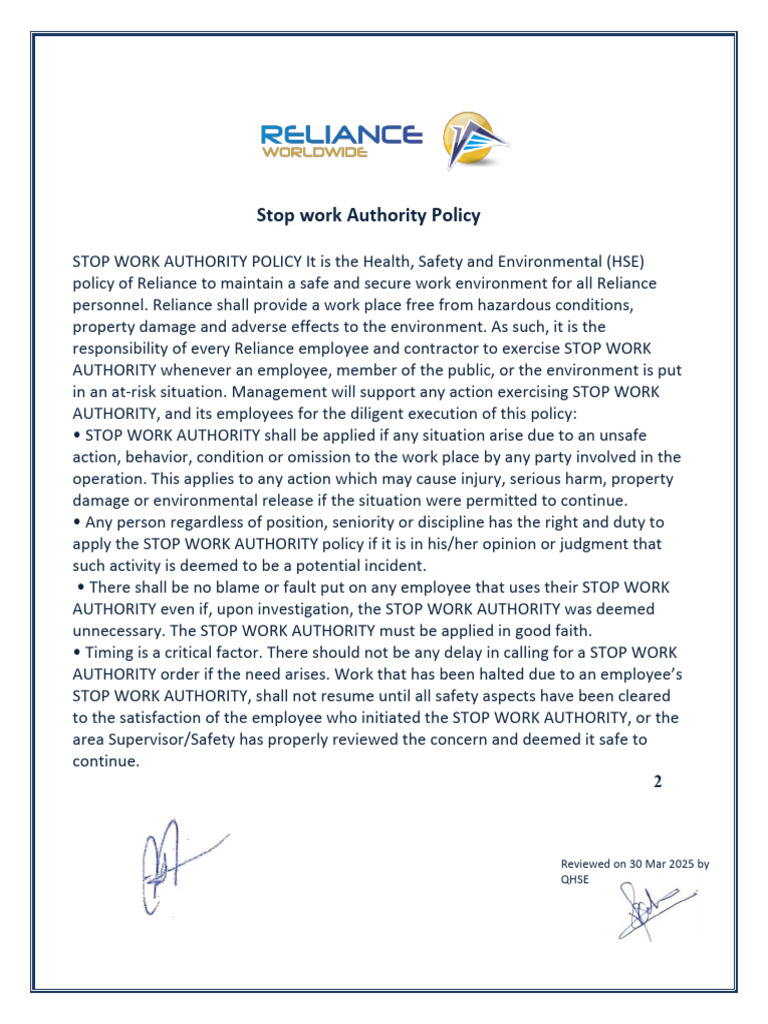 Stop Work Authority Policy Overview | PDF