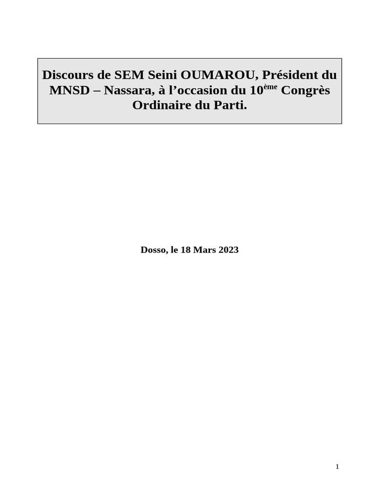 Discours de SEM Seini OUMAROU au MNSD | PDF | Démocratie | Idéologies ...