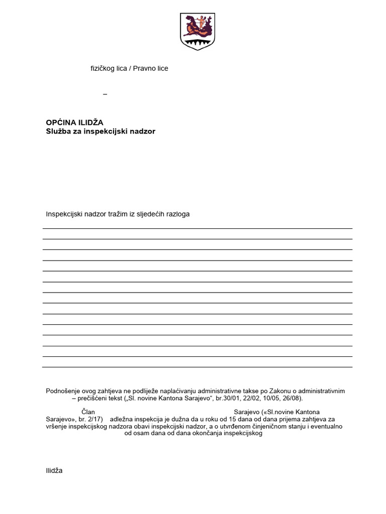 Zahtjev Za Inspekcijski Nadzor | PDF