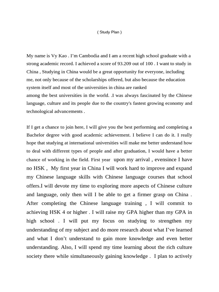 Study Plan for Scholarship in China | PDF | Knowledge | Behavior ...