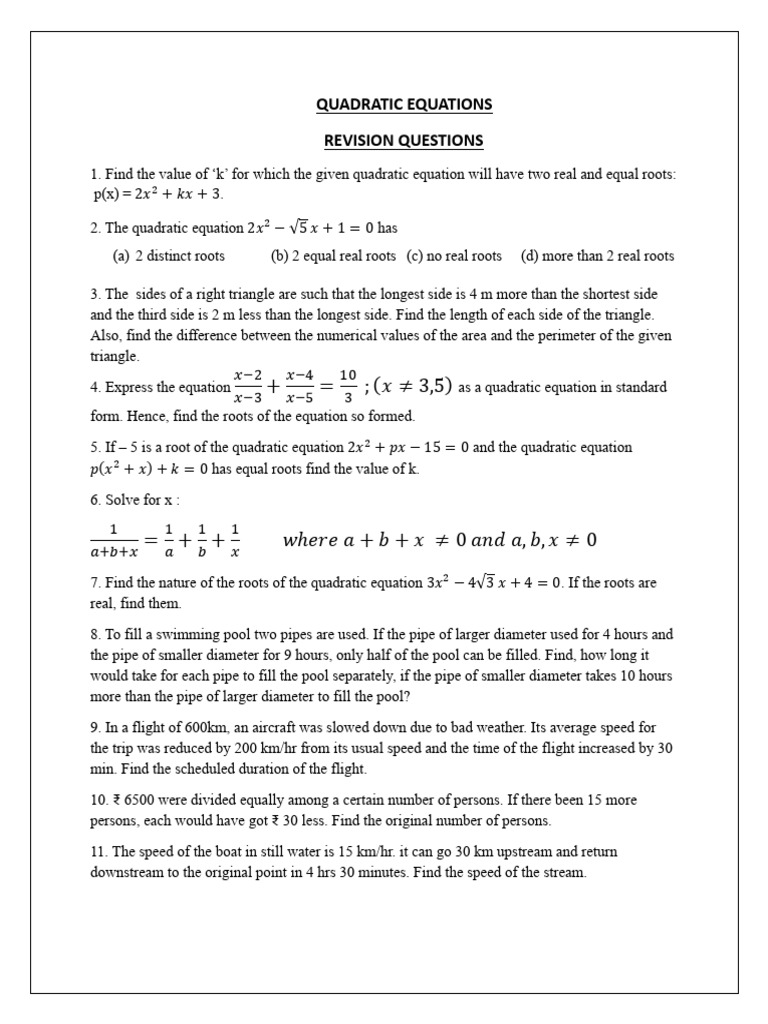 Quadratic Equations Revision Questions | PDF