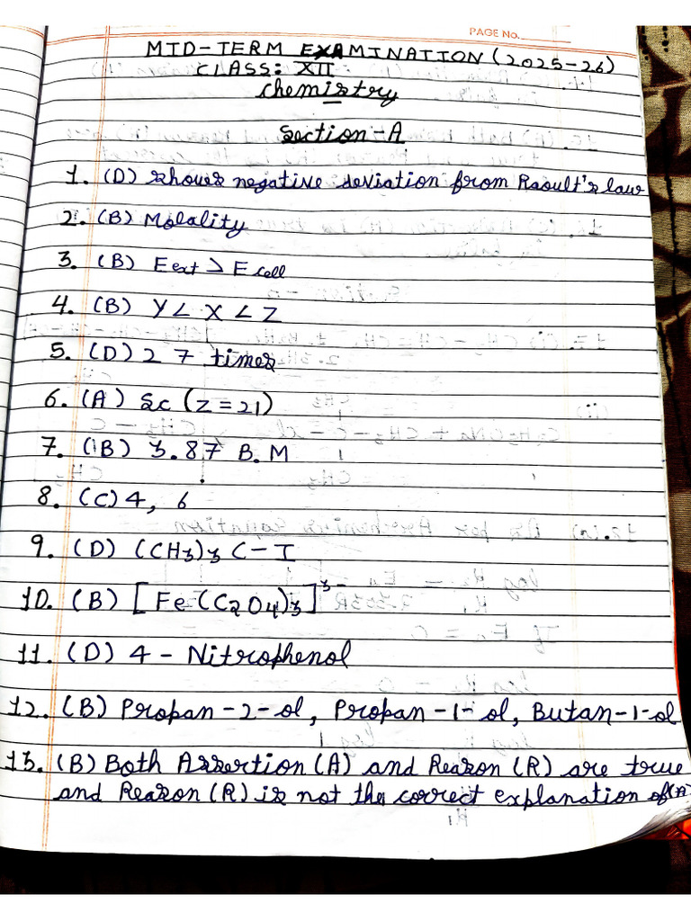 Class 12 Chemistry Mid Term Exam Solution | PDF