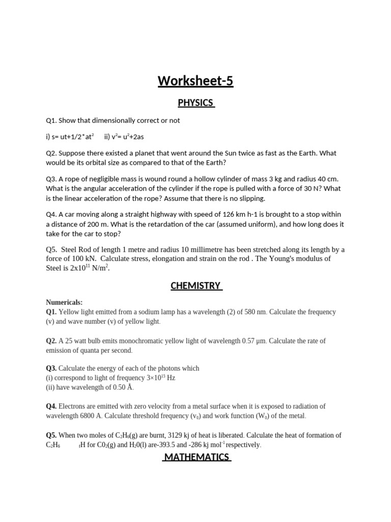 worksheet-5(Numericals) | PDF | Light | Wavelength