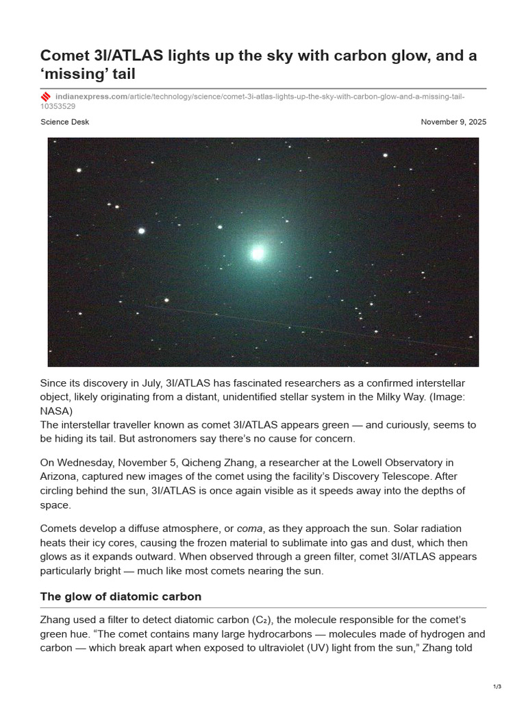 Comet 3I/ATLAS: Green Glow Explained | PDF | Comet | Sun