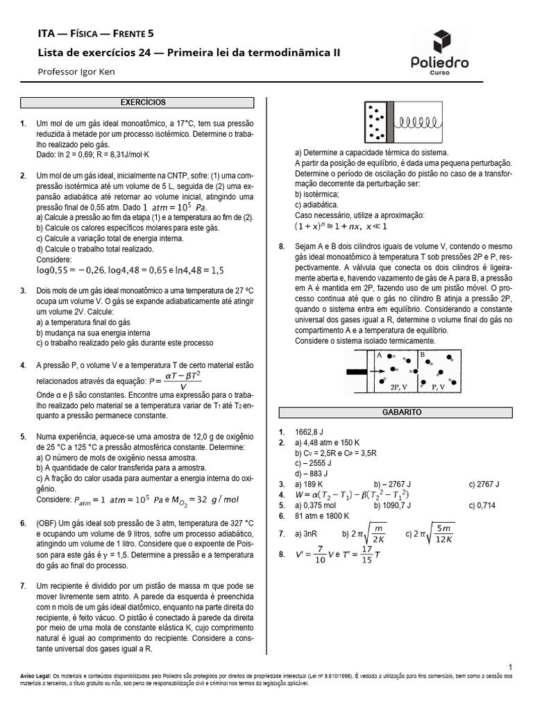 Exercícios de Termodinâmica: Primeira Lei | PDF | Temperatura | Gases