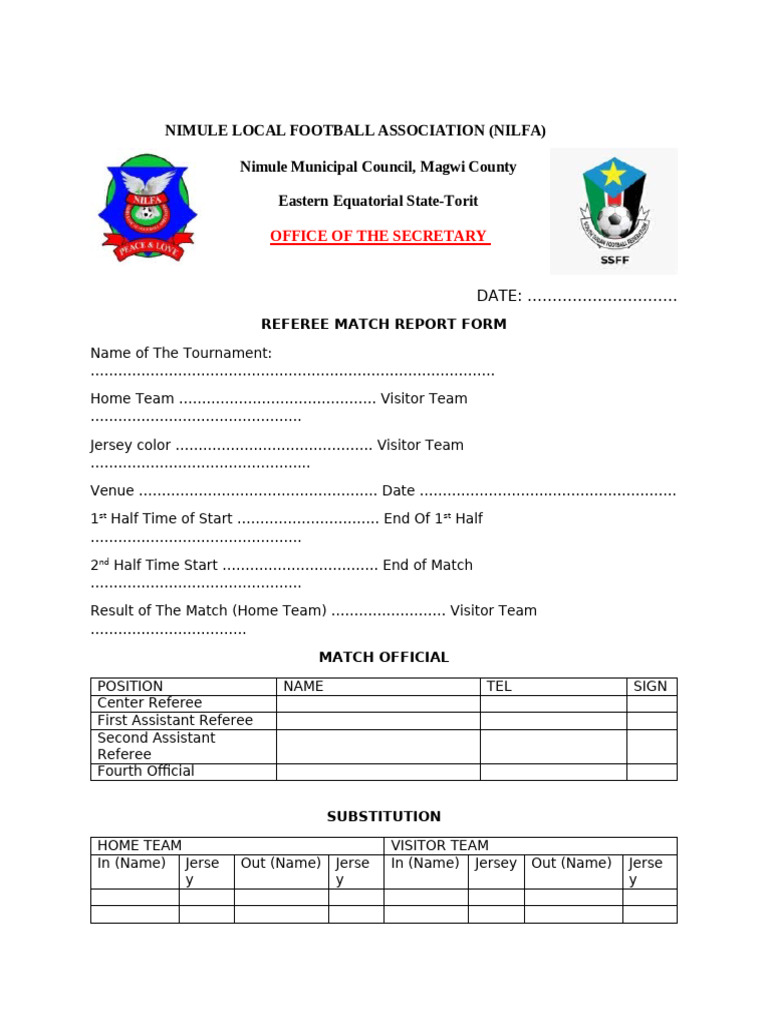 Nimule Football Referee Match Report Form PDF