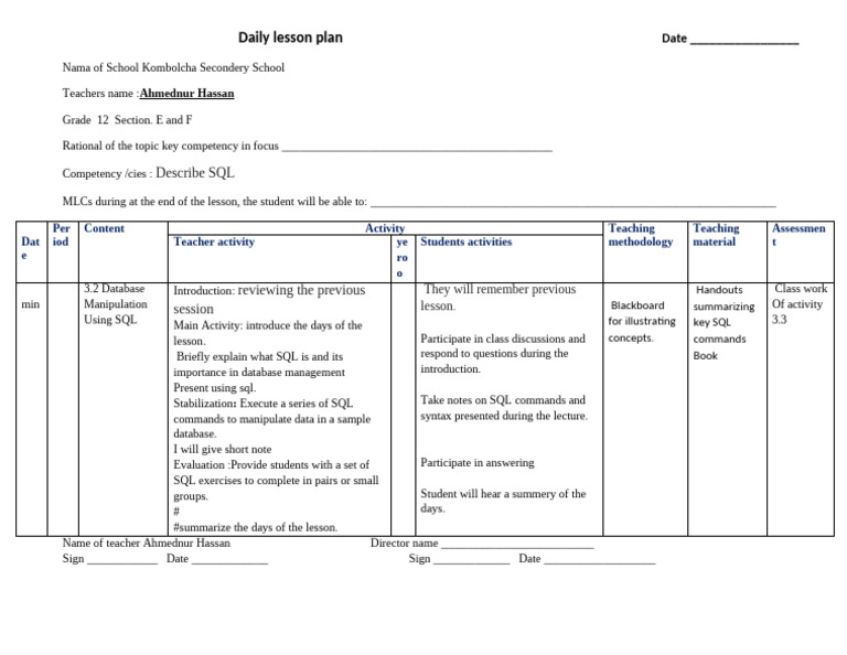 SQL Database Manipulation Lesson Plan | PDF | Databases | Procedural ...