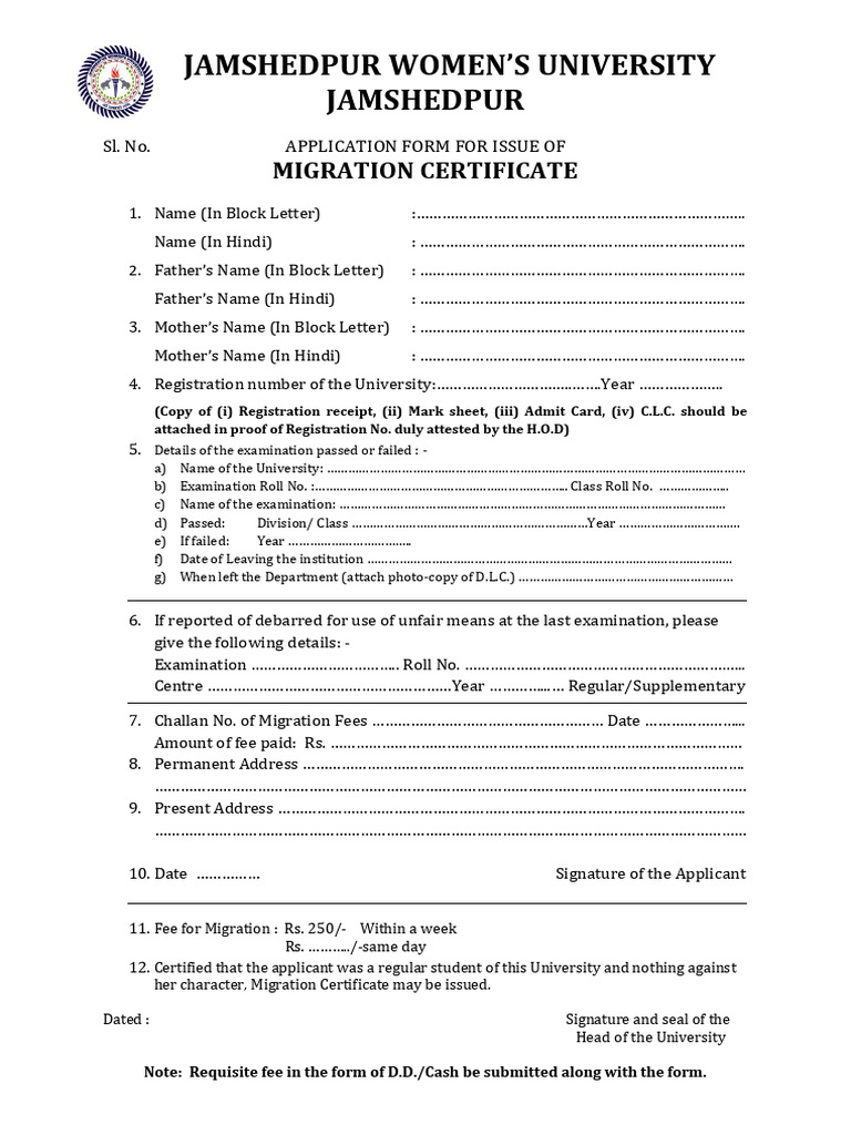Jamshedpur Women's University Migration Form | PDF | Chess | Chess Theory