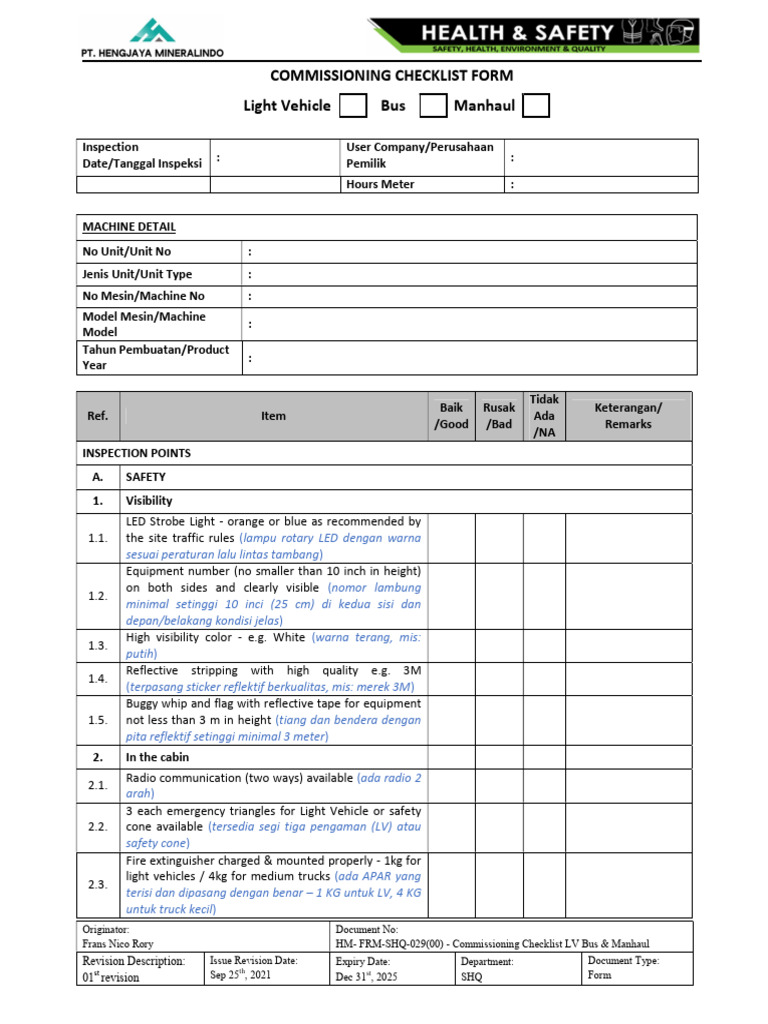 HM-FRM-SHQ-029(00) - Commissioning Checklist LV Bus & Manhaul | PDF ...