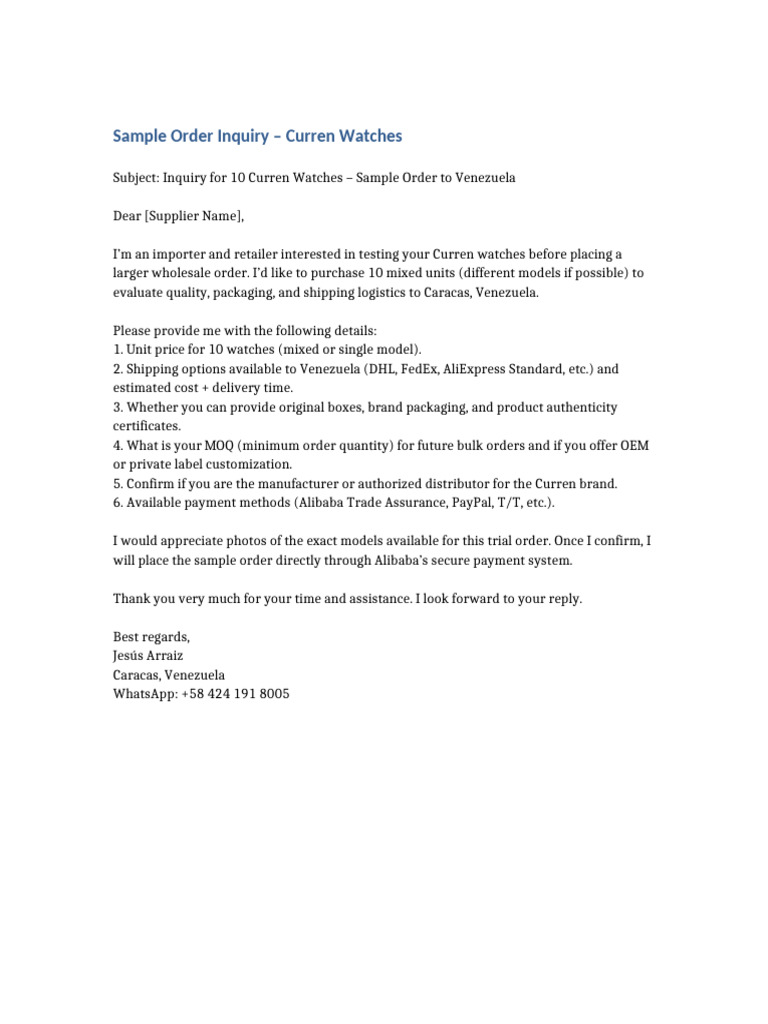 Curren Watches Sample Order Inquiry | PDF