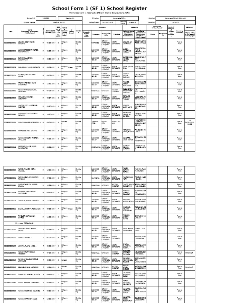 Grade 3 School Register 2025-2026 | PDF