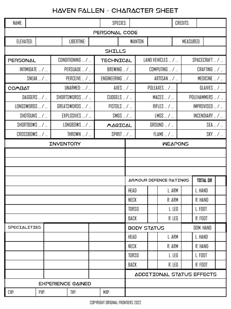 Haven Fallen Character Sheet Template | PDF | Projectile Weapons