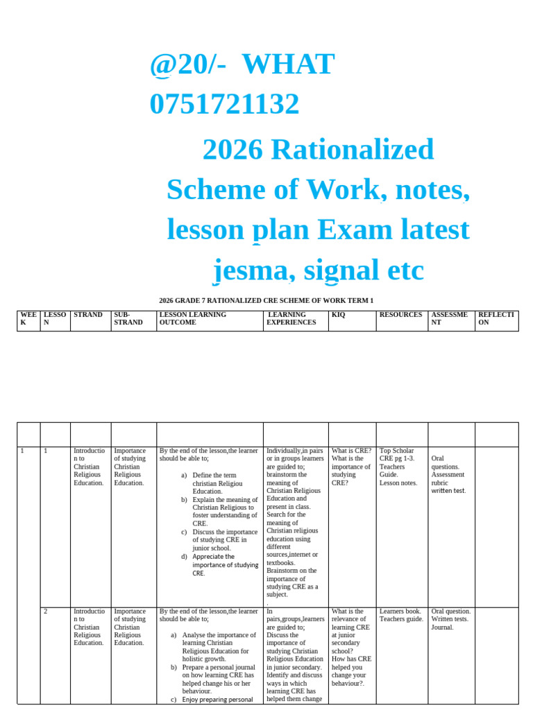 Grade 7 CRE Scheme of Work 2026 | PDF | Bible | Genesis Creation Narrative