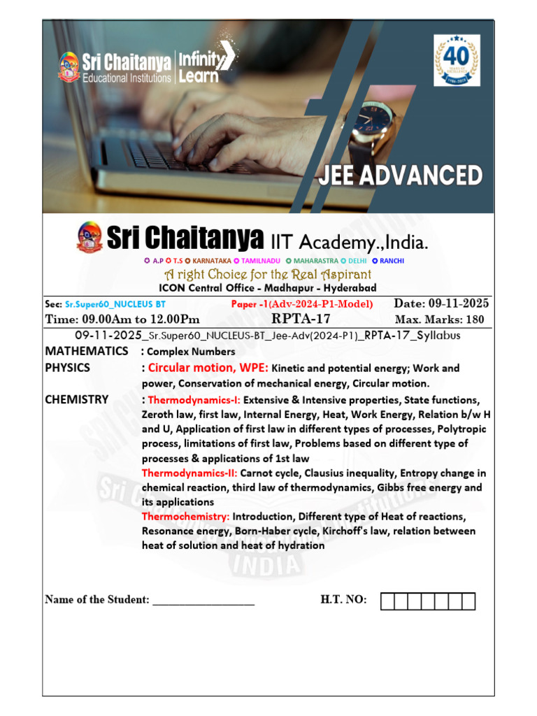 JEE Advanced 2024 Model Paper - Sri Chaitanya | PDF | Heat | Circle