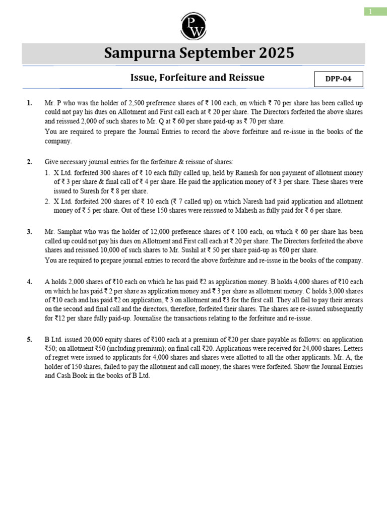 Journal Entries for Share Forfeiture & Reissue | PDF | Debits And ...