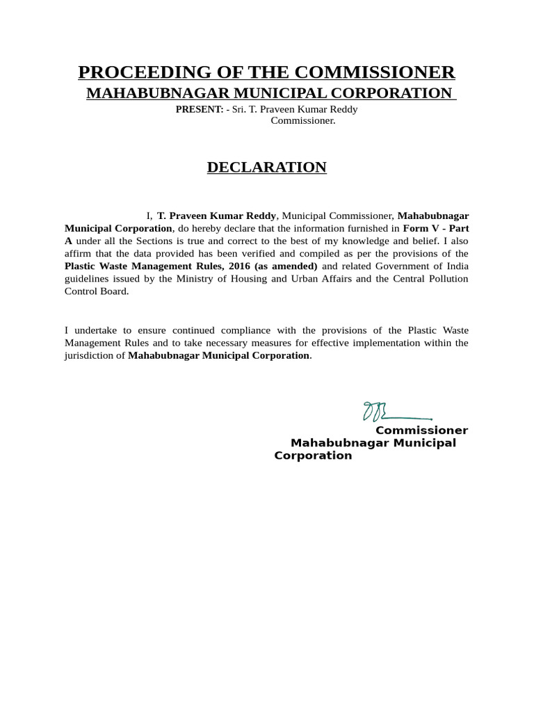 Mahabubnagar Plastic Waste Compliance Declaration | PDF