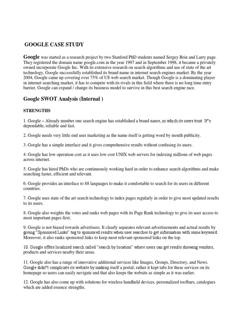 Google Case Study Google Strengths PDF Google  Search Engine