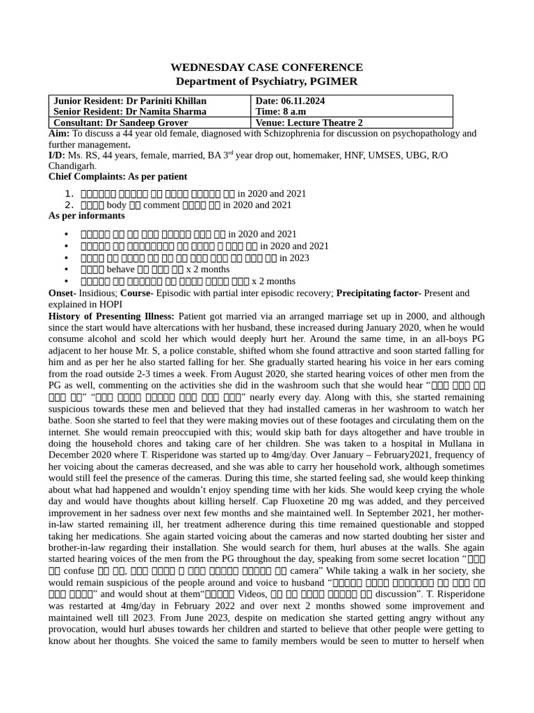 Schizophrenia Case Conference Summary | PDF | Schizophrenia | Clozapine