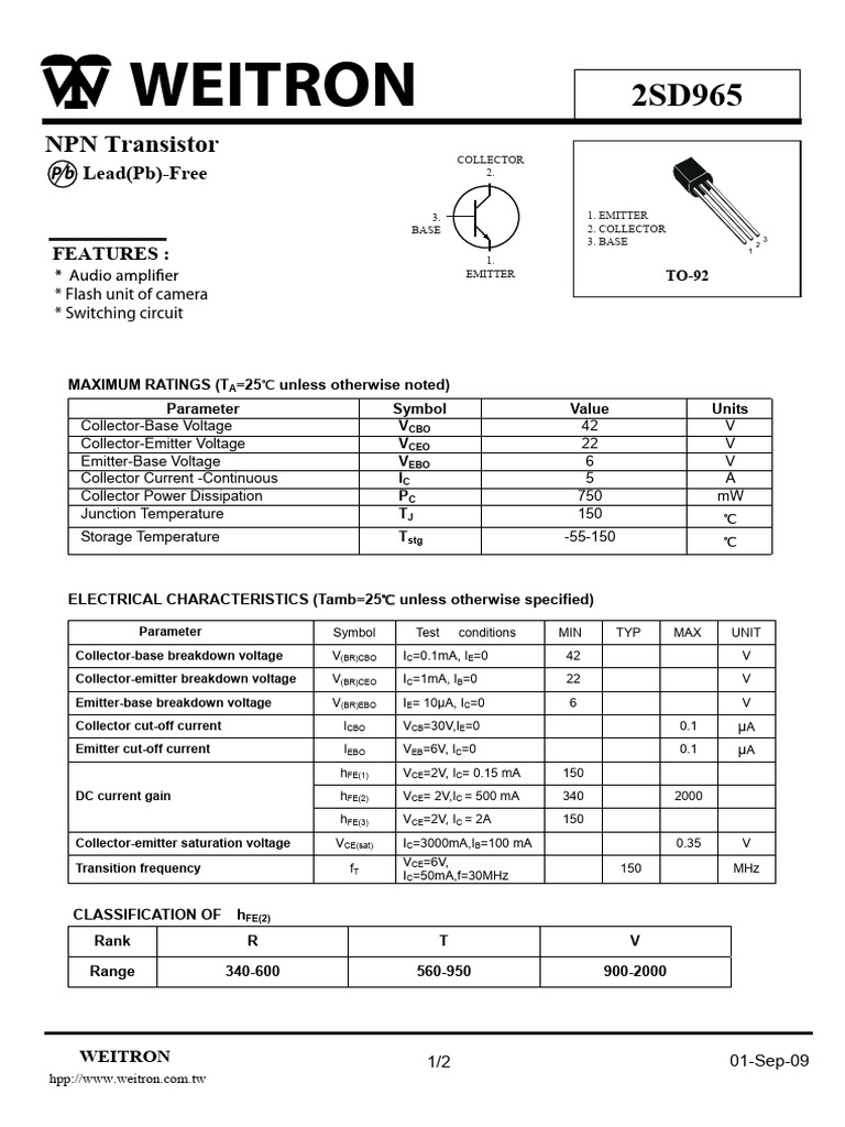 NPN Transistor 2SD965 Specifications | PDF | Bipolar Junction ...
