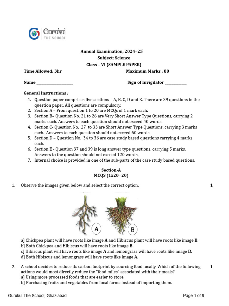 Class VI Science Sample Paper 2024-25 | PDF | Temperature | Thermometer