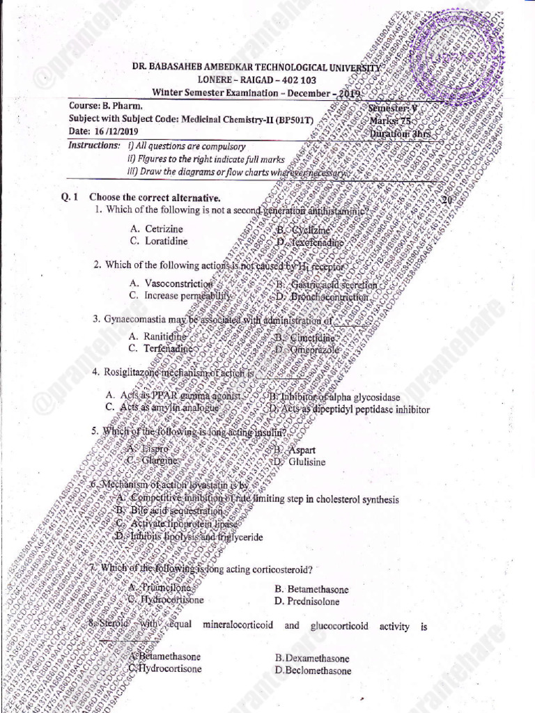 B. Pharm Medicinal Chemistry Exam Paper | PDF | Pharmacology | Drugs