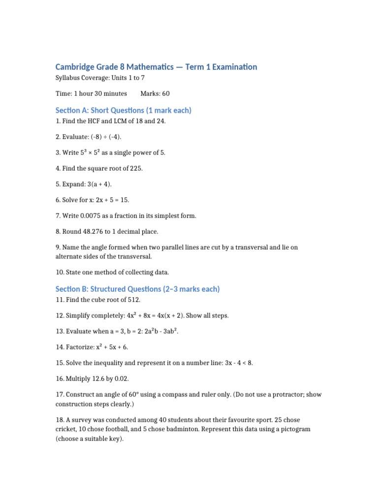 Cambridge Grade 8 Math Term 1 Exam | PDF