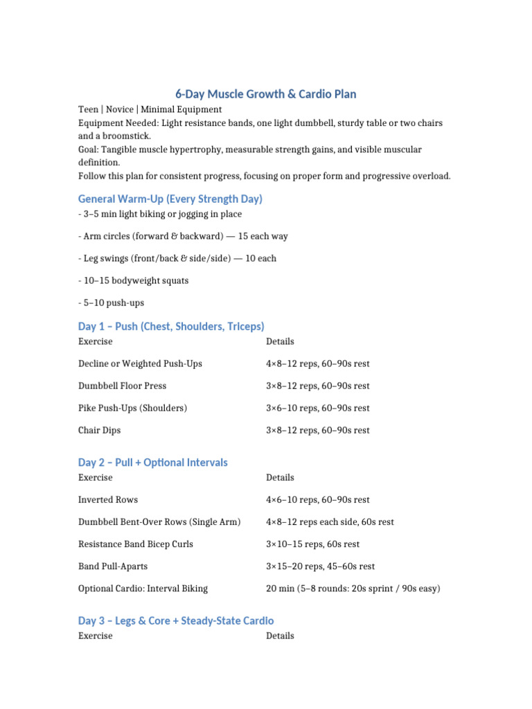 6-Day Muscle & Cardio Workout Plan | PDF | Strength Training | Sports ...